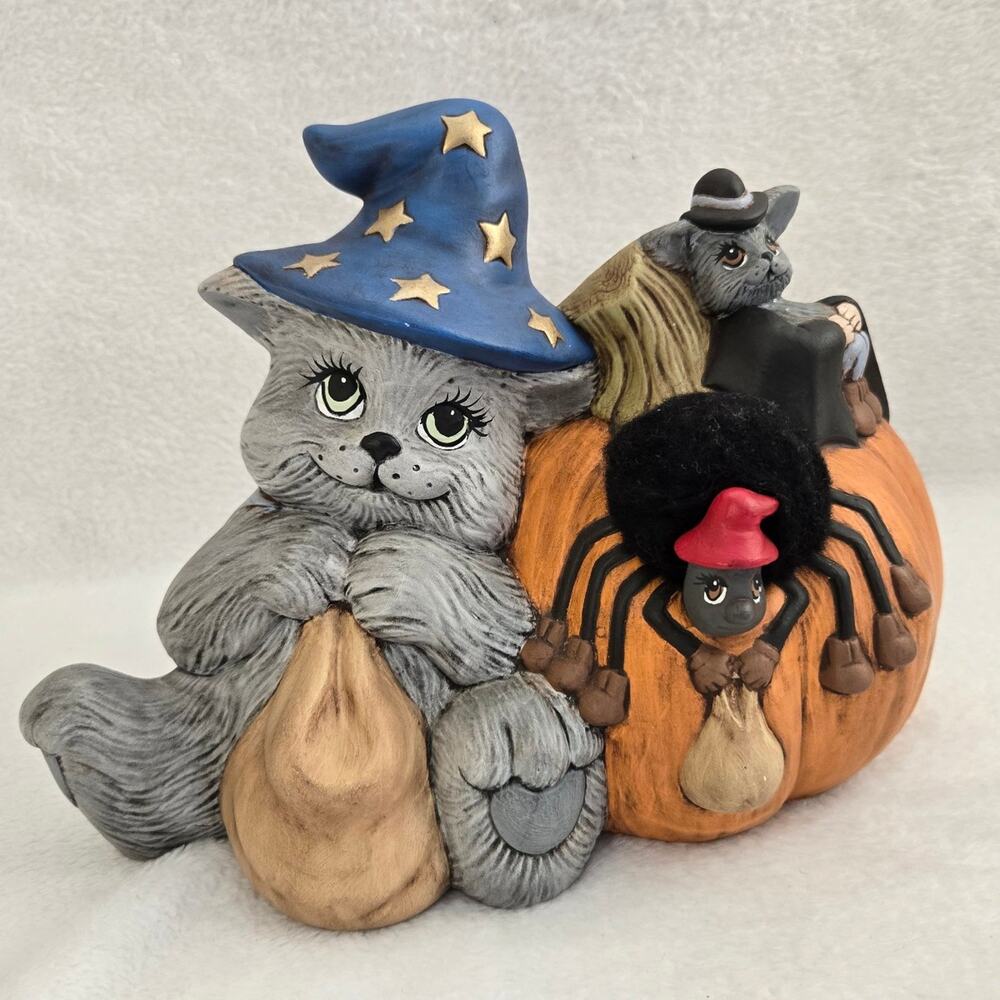 Vintage Ceramic Cat Pumpkin Decor w/ Witch Hat Spider & Mice